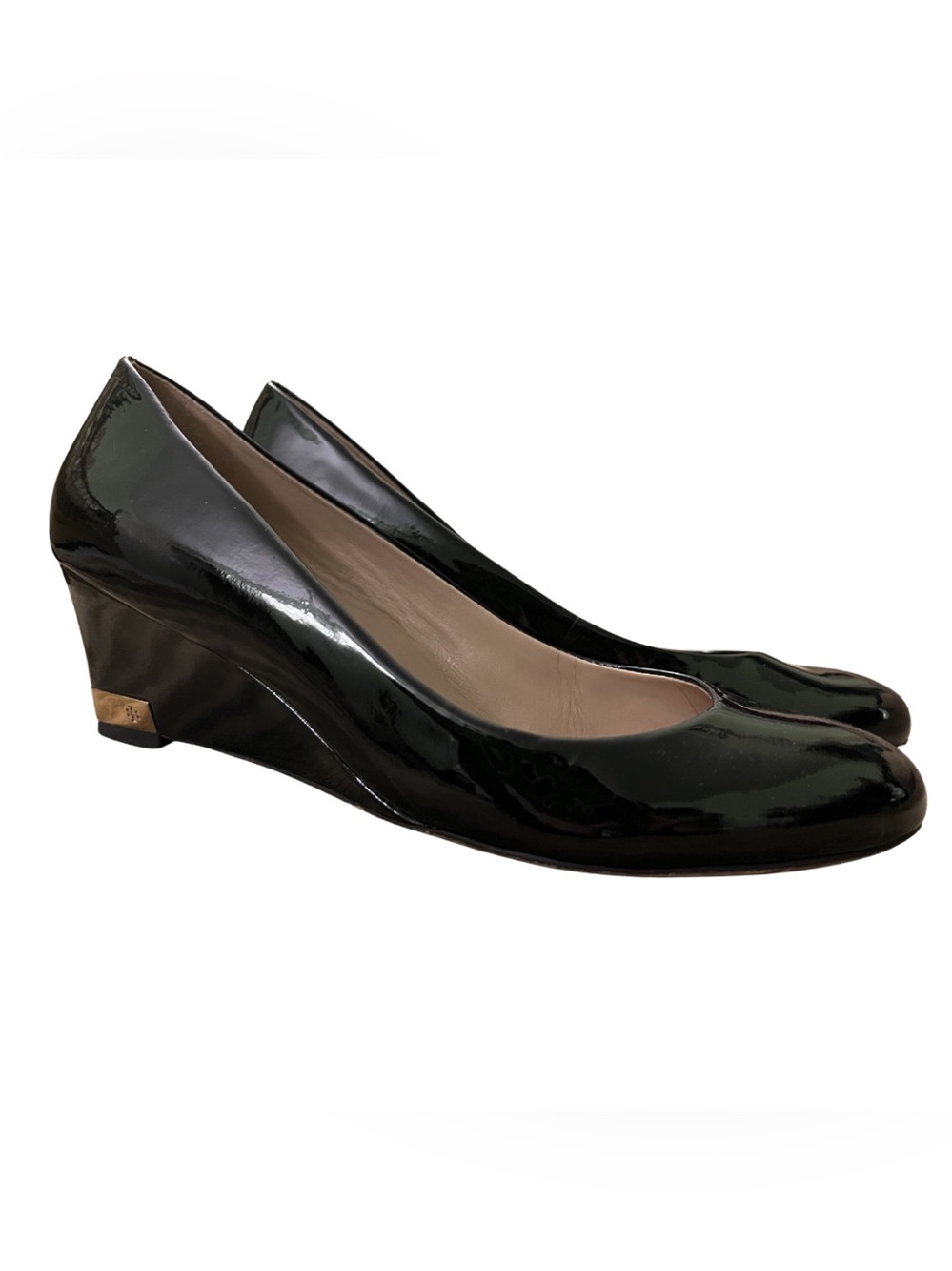 Tory Burch Patent Leather Wedge Heels 8 Black Designer Quiet Luxury Office Shoes